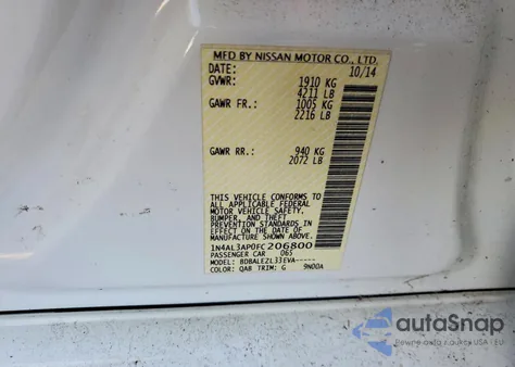 2015 Nissan Altima 2.5 from USA, damaged, VIN 1N4AL3AP0FC206800